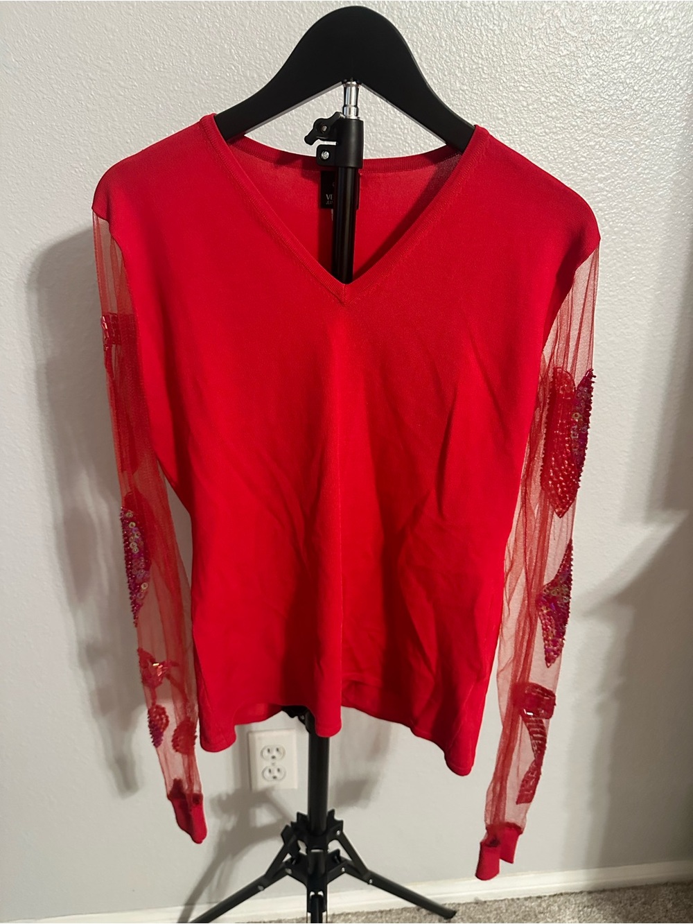 Versace Jeans Collection Red V-Neck Top with Sheer Embellished Sleeves